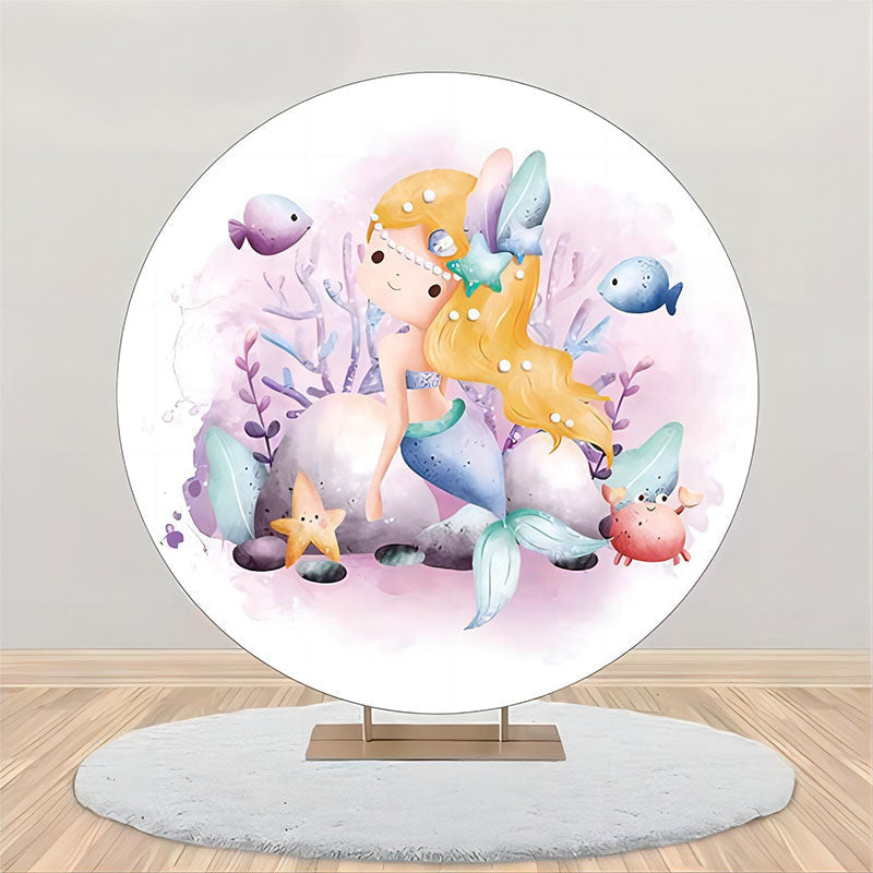 Lofaris White Purple Coral Mermaid Round Birthday Backdrop