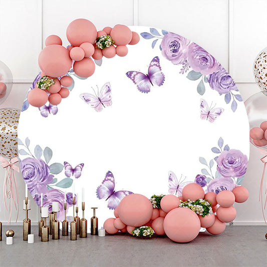 Lofaris White Purple Rose Butterfly Round Birthday Backdrop