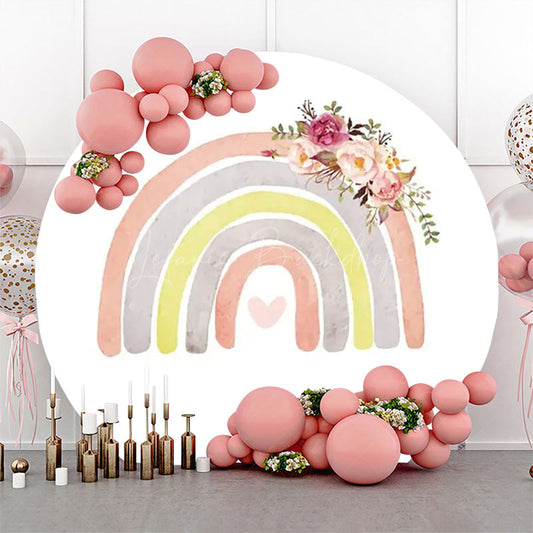 Lofaris White Rainbow Floral Boho Round Birthday Backdrop