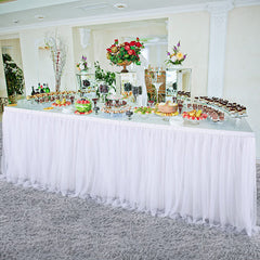 Lofaris White Rectangle Tulle Ruffle Banquet Table Skirt