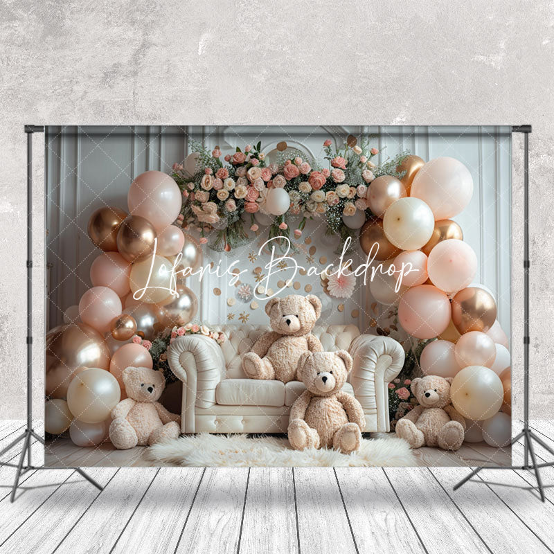 Lofaris White Room Sofa Balloons Bear Cake Smash Backdrop