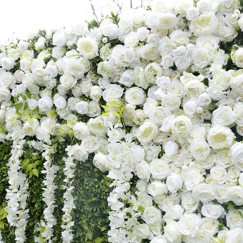 Lofaris White Rose Green Leaves Faux Floral Wall Backdrop