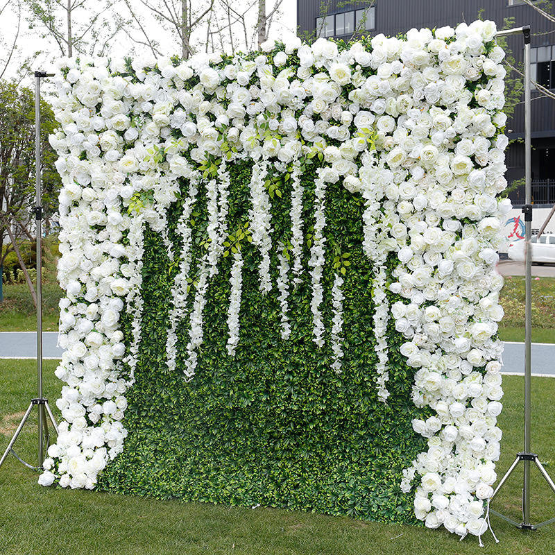 Lofaris White Rose Green Leaves Faux Floral Wall Backdrop