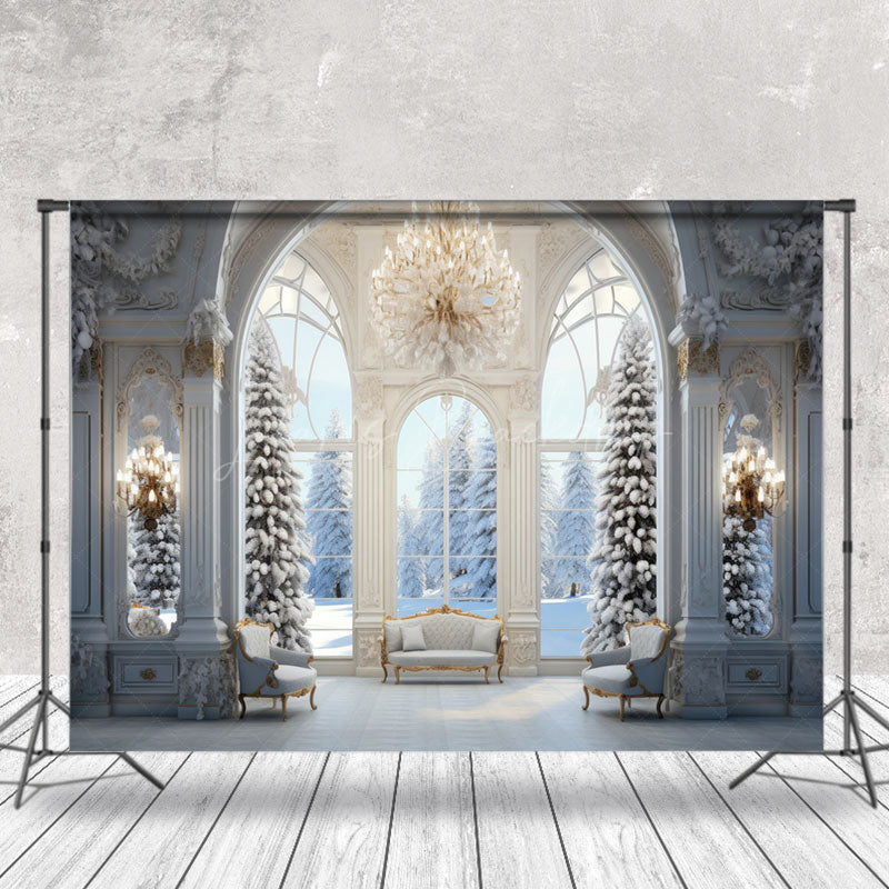 Lofaris White Snowy Tree Luxury Window Winter Photo Backdrop