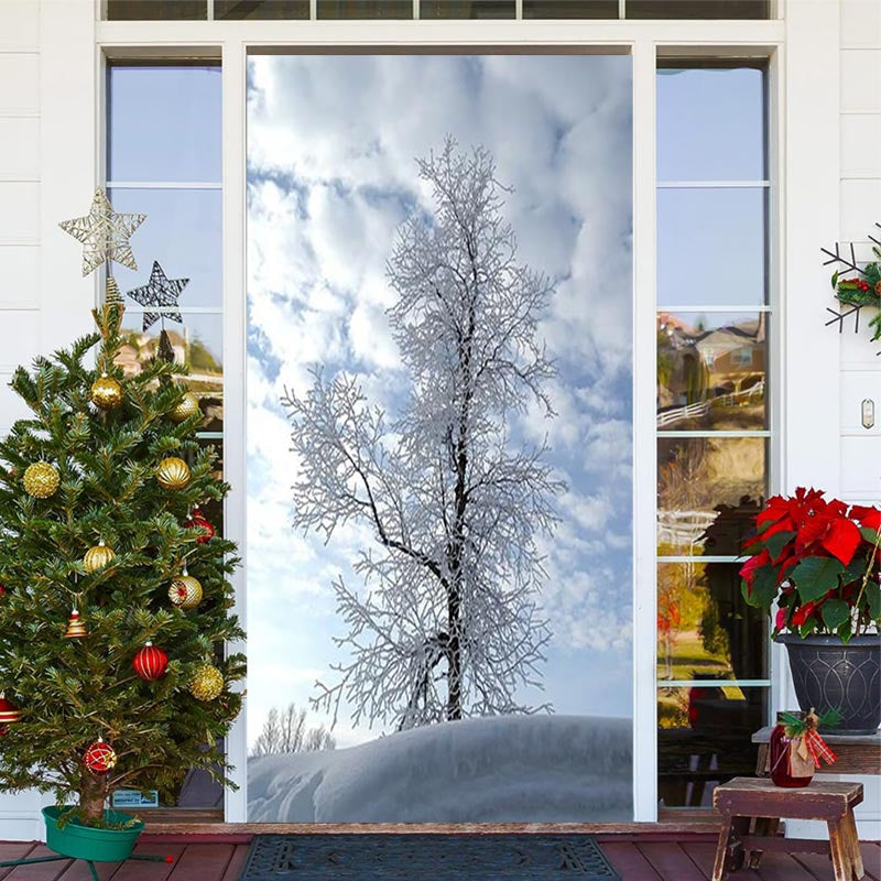 Lofaris White Snowy Tree Winter Merry Christmas Door Cover