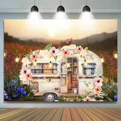 Lofaris White Touring Car Wild Light Flowers Spring Backdrop