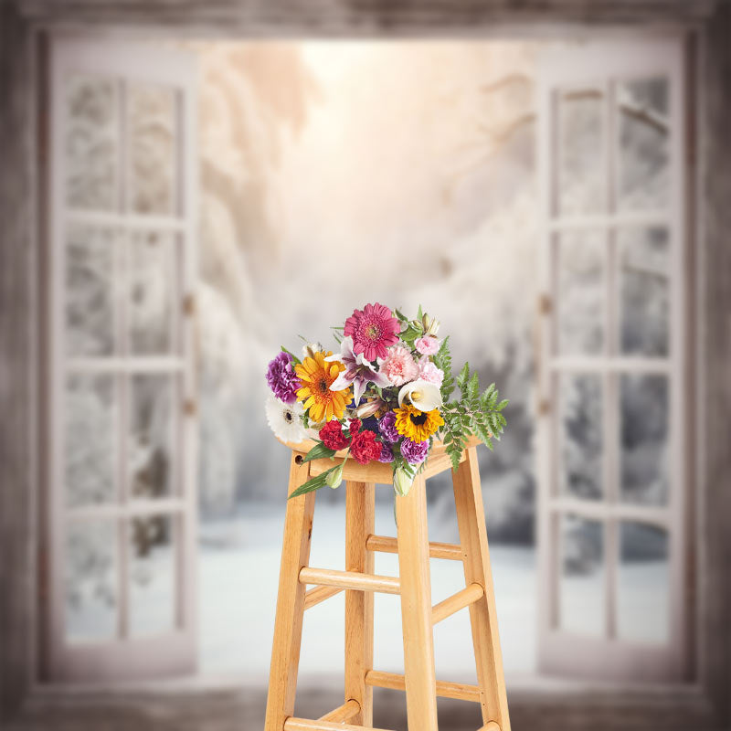 Lofaris White Window Snowy Forest Winter Backdrop For Photo