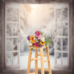 Lofaris White Window Snowy Forest Winter Backdrop For Photo