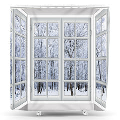 Lofaris White Window Snowy Night Christmas Shower Curtain