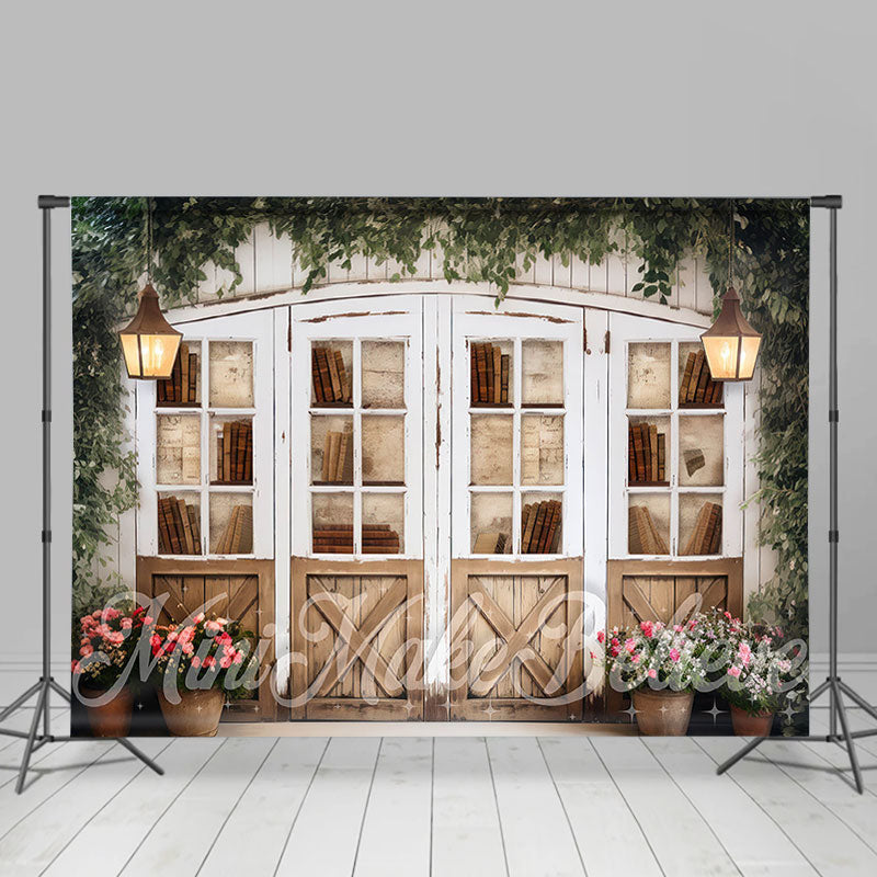 Lofaris White Wooden Bookcase Green Plants Spring Backdrop