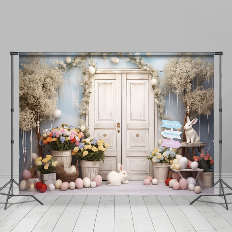 Lofaris White Wooden Door Floral Bunnies Easter Backdrop
