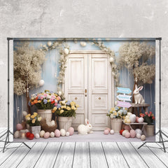 Lofaris White Wooden Door Floral Bunnies Easter Backdrop