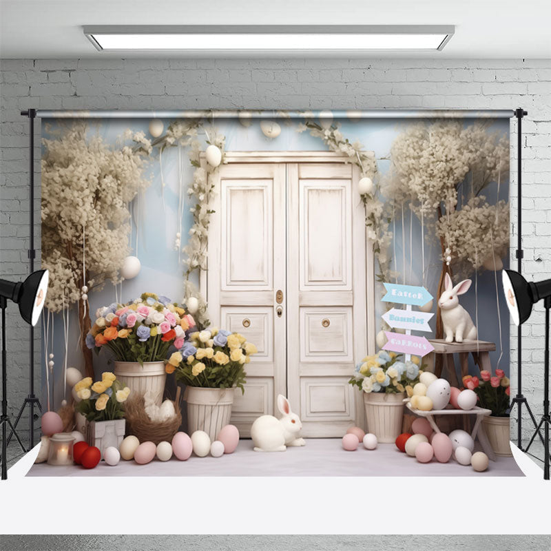 Lofaris White Wooden Door Floral Bunnies Easter Backdrop