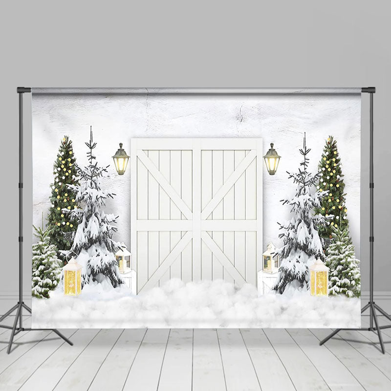 Lofaris White Wooden Door Pine Tree Snow Winter Backdrop