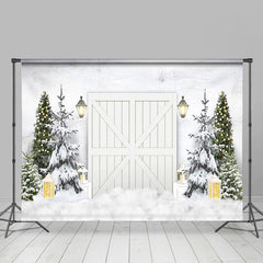 Lofaris White Wooden Door Pine Tree Snow Winter Backdrop