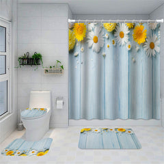 Lofaris White Yellow Daisy Light Blue Wooden Shower Curtain