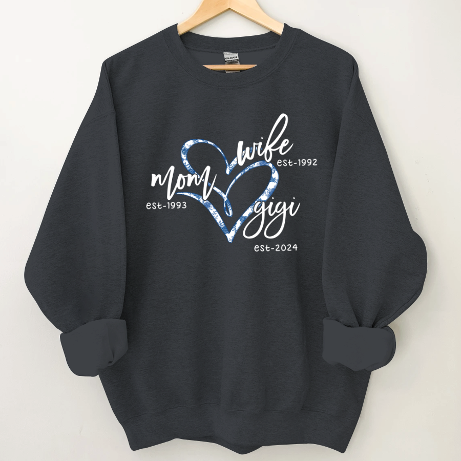 Lofaris Wife Mom Gigi Est Year Blue Flower Heart Sweatshirt