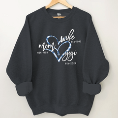 Lofaris Wife Mom Gigi Est Year Blue Flower Heart Sweatshirt