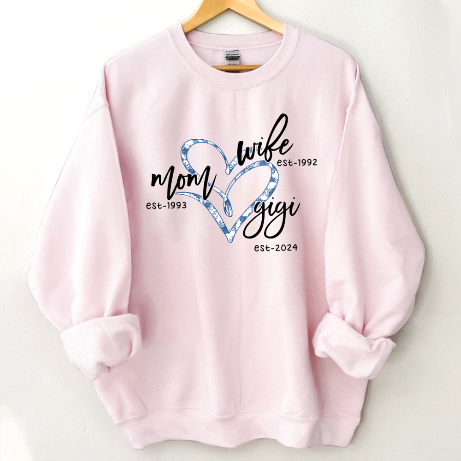 Lofaris Wife Mom Gigi Est Year Blue Flower Heart Sweatshirt