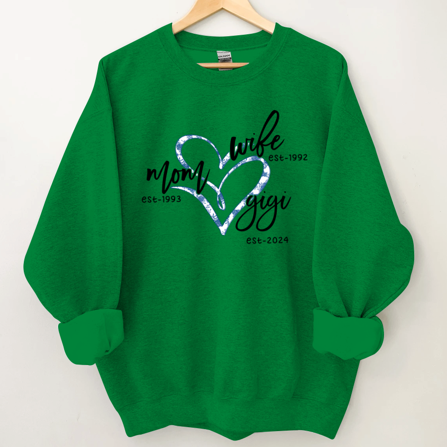 Lofaris Wife Mom Gigi Est Year Blue Flower Heart Sweatshirt