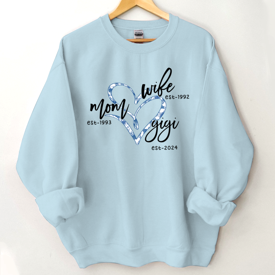 Lofaris Wife Mom Gigi Est Year Blue Flower Heart Sweatshirt