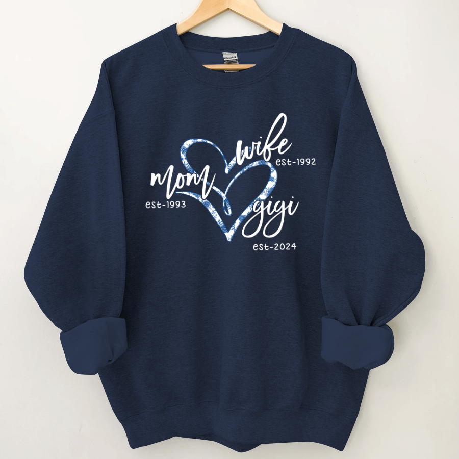 Lofaris Wife Mom Gigi Est Year Blue Flower Heart Sweatshirt