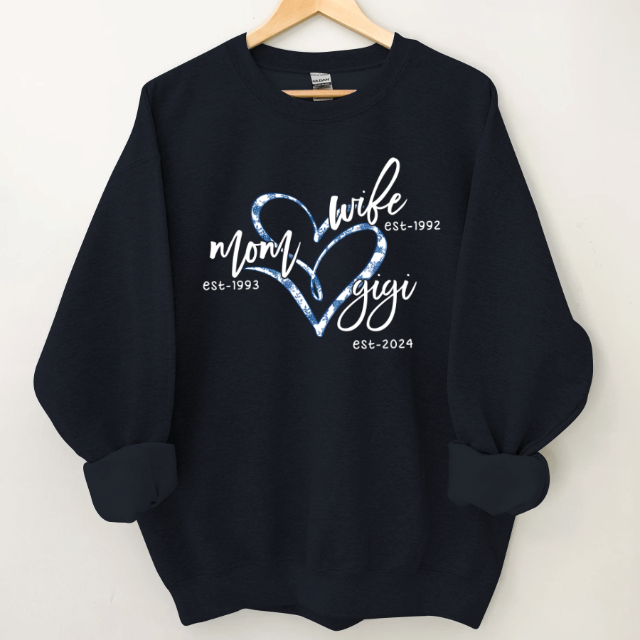 Lofaris Wife Mom Gigi Est Year Blue Flower Heart Sweatshirt