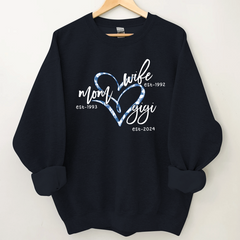 Lofaris Wife Mom Gigi Est Year Blue Flower Heart Sweatshirt