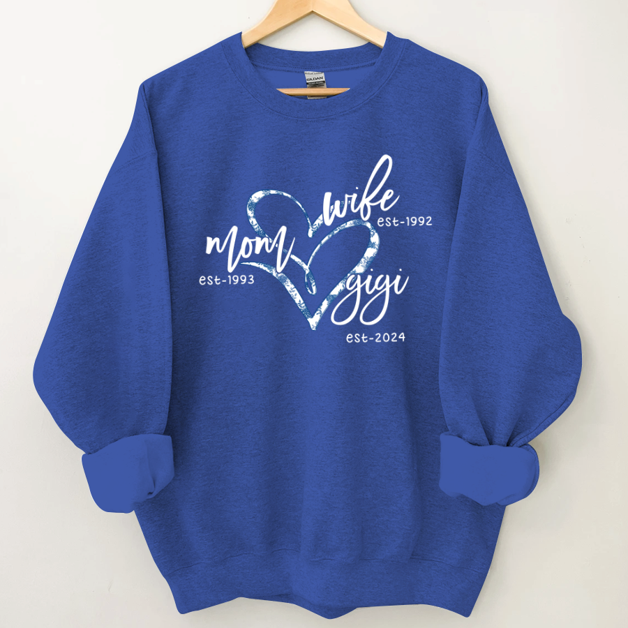 Lofaris Wife Mom Gigi Est Year Blue Flower Heart Sweatshirt