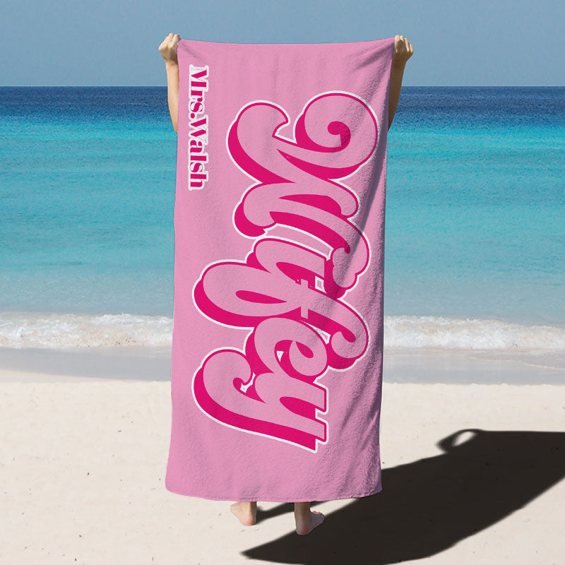 Lofaris Wifey Hubby Simple Custom Name Couple Beach Towel