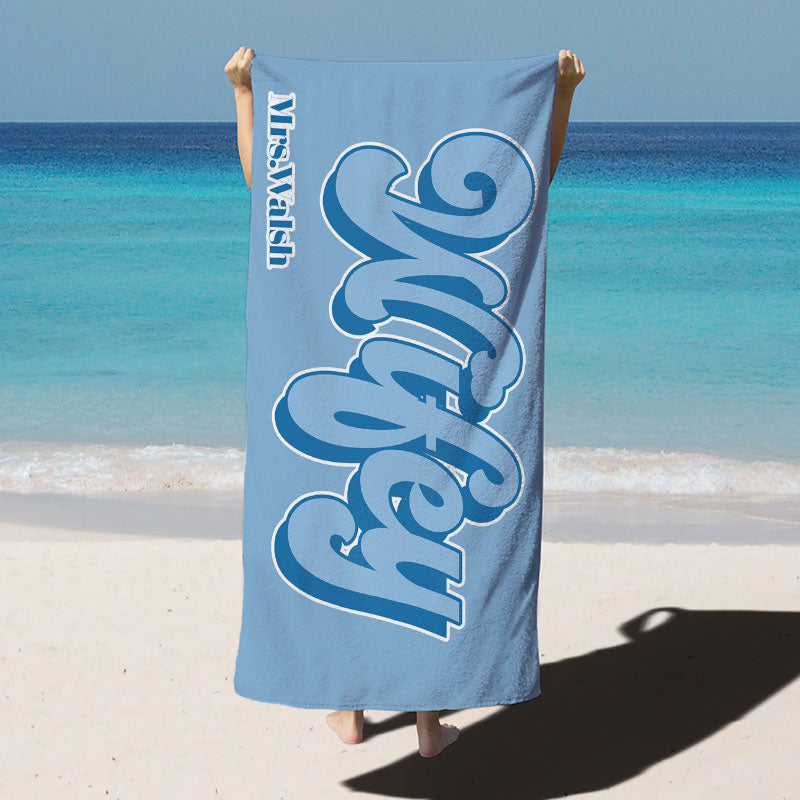 Lofaris Wifey Hubby Simple Custom Name Couple Beach Towel