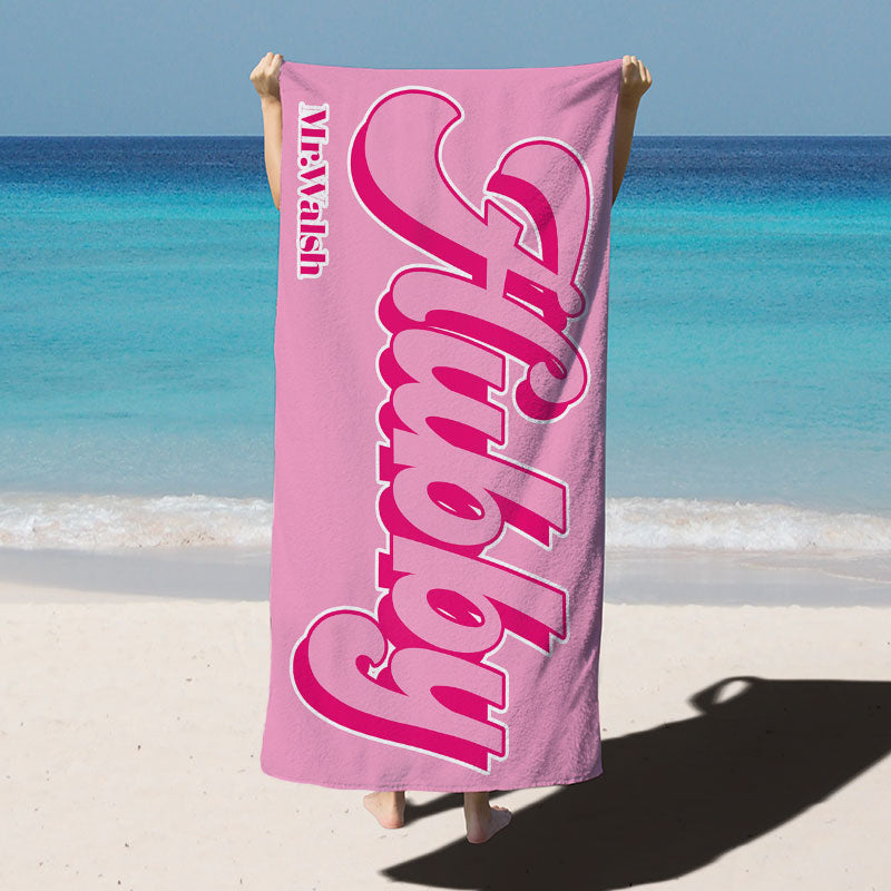 Lofaris Wifey Hubby Simple Custom Name Couple Beach Towel