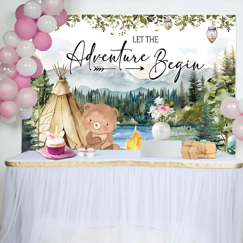 Lofaris Wild Camping Bear Adventure Begins Baby Shower Backdrop