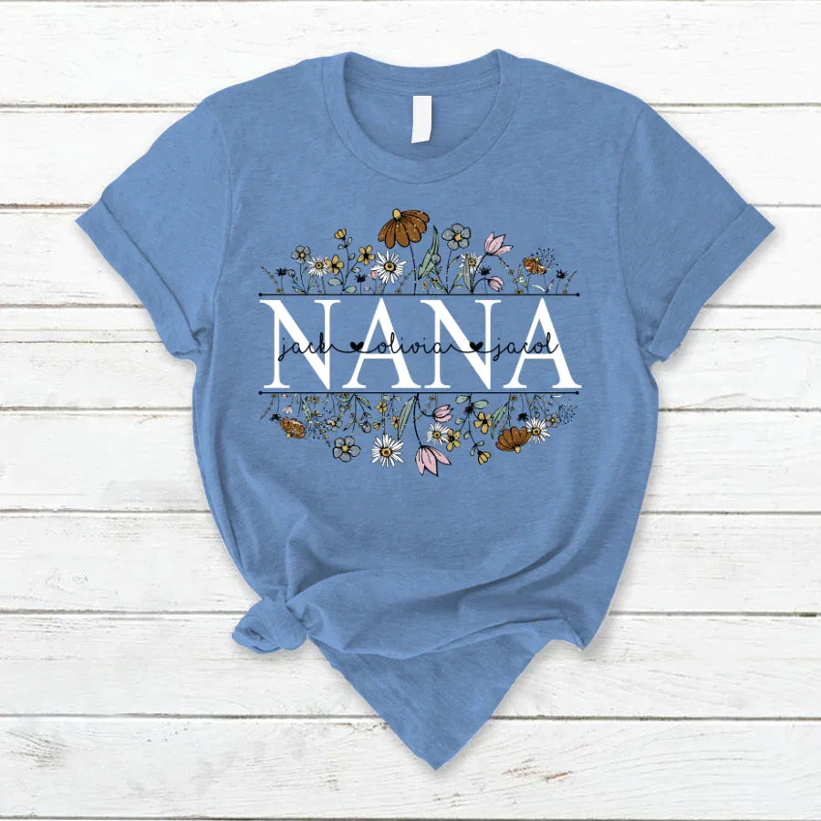 Lofaris Wildflower Nana Grandkids Name Mothers Day T-Shirt