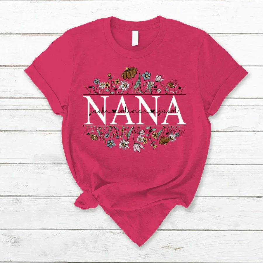 Lofaris Wildflower Nana Grandkids Name Mothers Day T-Shirt