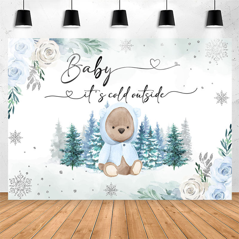 Lofaris Winter Forest Teddy Bear Floral Baby Shower Backdrop