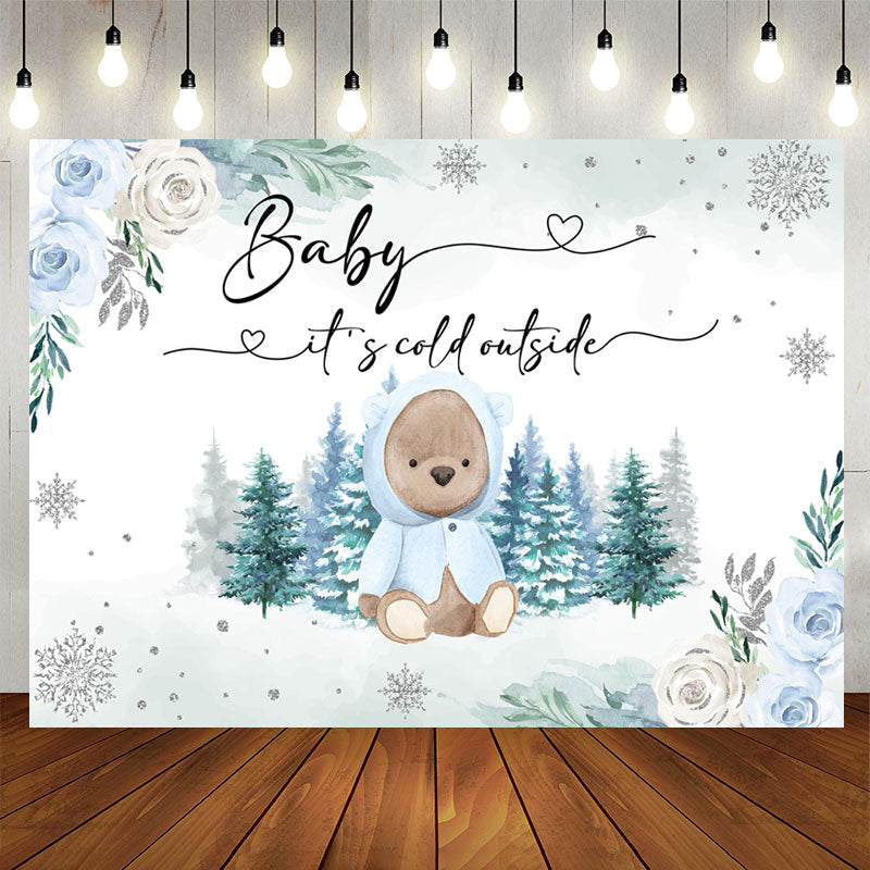 Lofaris Winter Forest Teddy Bear Floral Baby Shower Backdrop