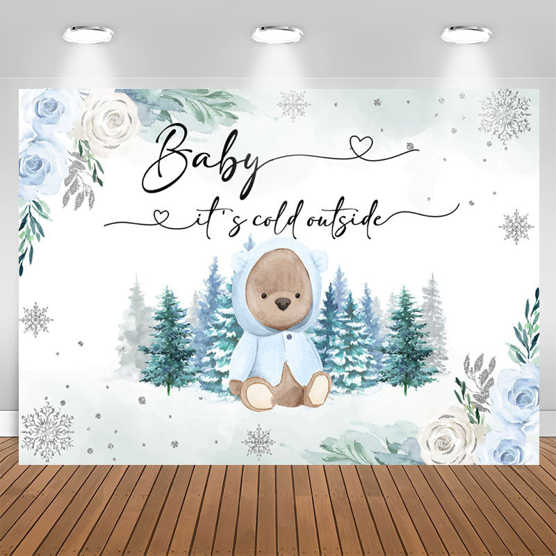 Lofaris Winter Forest Teddy Bear Floral Baby Shower Backdrop