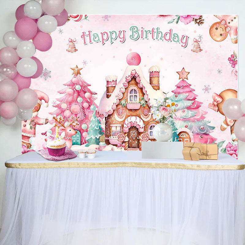 Lofaris Winter Gingerbread House Happy Birthday Backdrop