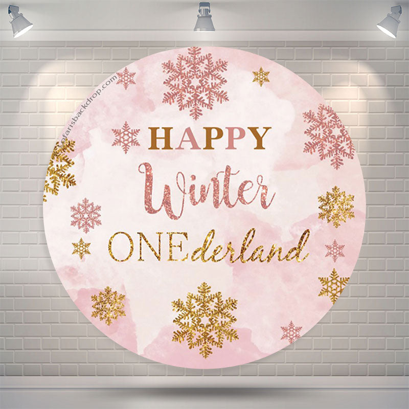 Lofaris Winter Pink Snowflake Round Happy 1st Birthday Backdrop
