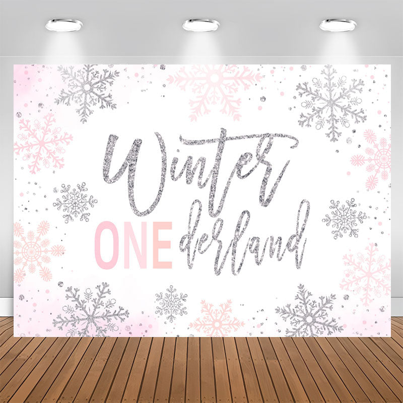 Lofaris Winter Silver Pink Glitter 1St Birthday Backdrop