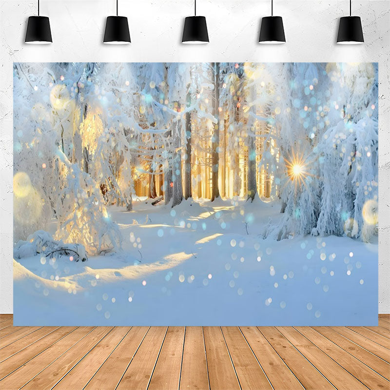 Lofaris Winter Snowy Forest Glitter Sun Birthday Backdrop