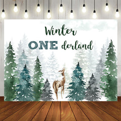 Lofaris Winter Watercolor Pine Forest Deer 1st Birthday Backdrop