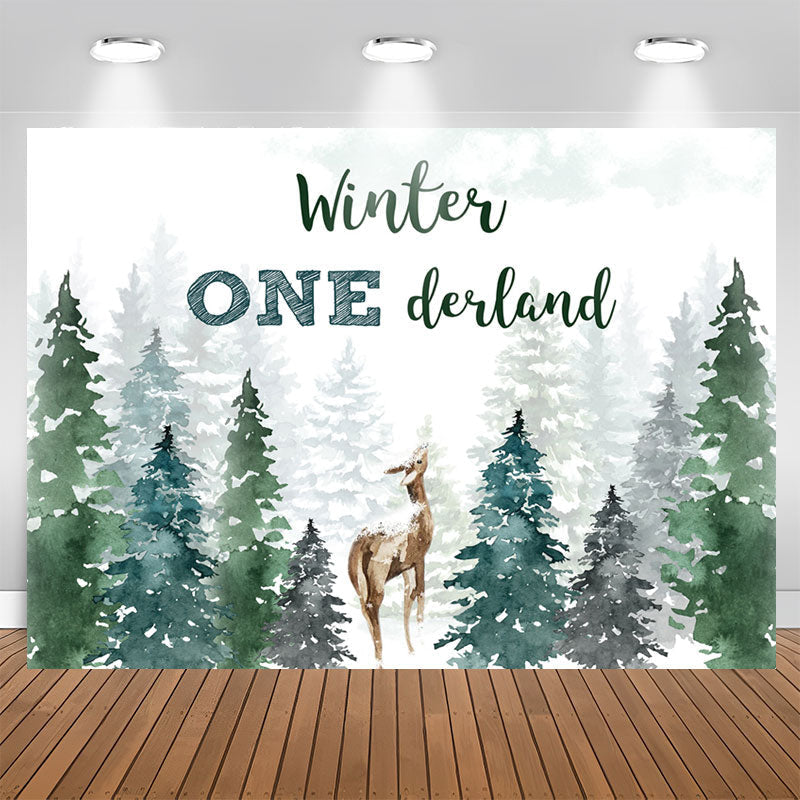 Lofaris Winter Watercolor Pine Forest Deer 1st Birthday Backdrop