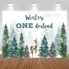 Lofaris Winter Watercolor Pine Forest Deer 1st Birthday Backdrop