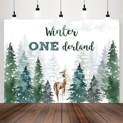 Lofaris Winter Watercolor Pine Forest Deer 1st Birthday Backdrop