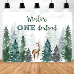 Lofaris Winter Watercolor Pine Forest Deer 1st Birthday Backdrop