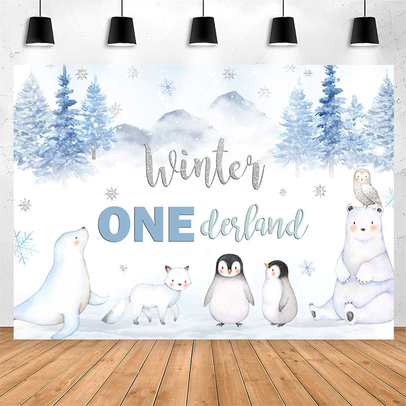 Lofaris Winter White Animals Forest 1st Birthday Backdrop
