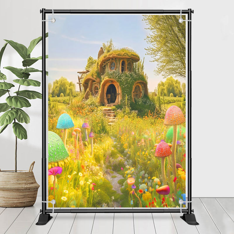 Lofaris Wonderland Mushroom Green Grass Birthday Backdrop