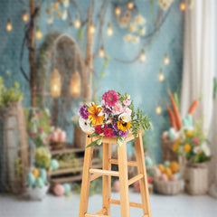 Lofaris Wood Arch Bluish Wall Bokeh Floral Easter Backdrop